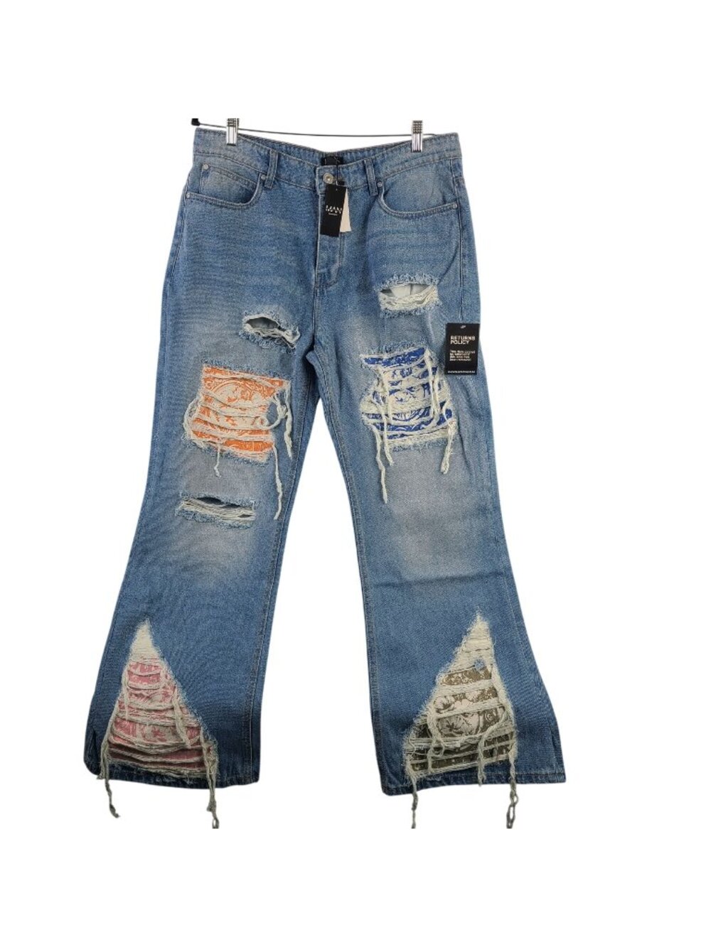 BoohooMAN Relaxed Rigid Flare Rip & Repair Applique Jeans Light Blue Sz 36R